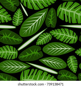 Vector pattern background branches with green leaves on black background.