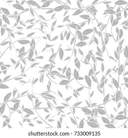 Vector pattern background branches with grey leaves on white background.