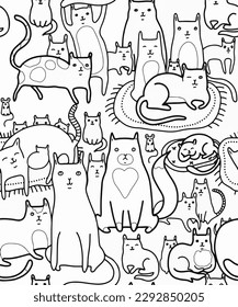 Vector pattern, background with cats in various poses. Cute pets. Cozy atmosphere. Relaxing Coloring Pages