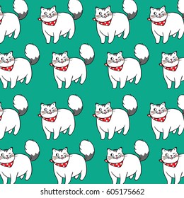 Vector pattern background design of cute fat cat on green color.Doodle style.