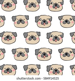 Vector pattern background design of head pug dog.Cartoon doodle style.