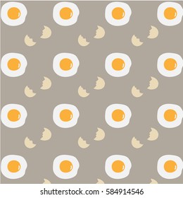 Vector pattern background of fried egg and broken egg shell on brown pastel.