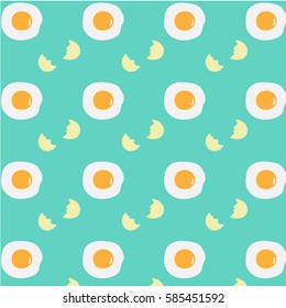 Vector pattern background of fried egg and broken egg shell on green pastel.