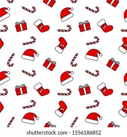 vector pattern, background with gifts, santa claus hat, gift sock and candies, transparent background, new year, christmas