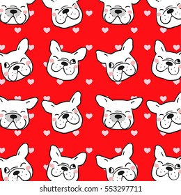 Vector pattern background of head pug dog valentine in red background.Valentine day.