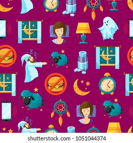 Vector pattern or background illustration with cartoon sleep elements. Graphic repeat seamless wallpaper