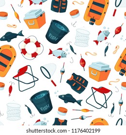 Vector pattern or background illustration with cartoon fishing equipment. Fishing equipment background, outdoor sport and hobby