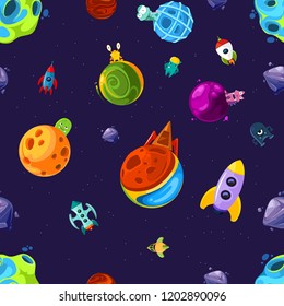 Vector pattern or background illustration with cartoon space planets and ships. Pattern space with planet alien and spaceship extraterrestrial