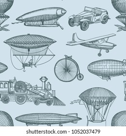 Vector pattern or background illustration with steampunk hand drawn airships, bicycles and cars. Vintage and retro