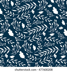 Vector pattern background of leaves in blue color.