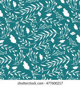 Vector pattern background of leaves in teal color.