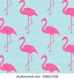 vector pattern background with pink flamingos on stripes. Design for fabric and decor.