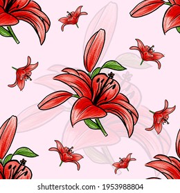 Vector pattern background with red lily. The palette and the backgrounds are soft and the layouts are simplified. The backdrop for greeting cards, posters, banners, and placards.