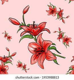 Vector pattern background with red lily. The palette and the backgrounds are soft and the layouts are simplified. The backdrop for greeting cards, posters, banners, and placards.