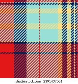 Vector pattern background of texture tartan plaid with a seamless textile fabric check in red and teal colors.