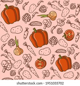 Vector pattern background with vegetables. The palette and the backgrounds are soft and the layouts are simplified.