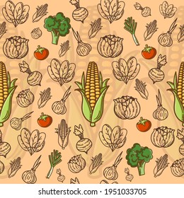 Vector pattern background with vegetables. The palette and the backgrounds are soft and the layouts are simplified.