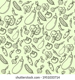 Vector pattern background with vegetables. The palette and the backgrounds are soft and the layouts are simplified.
