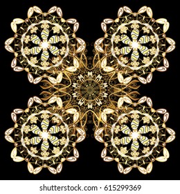 Vector pattern background wallpaper with antique floral medieval decorative flowers, leaves and golden pattern ornaments on golden background. Royal luxury golden baroque damask vintage.