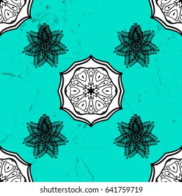 Vector pattern background wallpaper with black antique floral medieval decorative flowers, leaves and black pattern ornaments. Blue on background. Royal luxury dark baroque damask vintage.