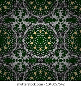 Vector pattern background wallpaper with gold antique floral medieval decorative flowers, leaves and gold pattern ornaments on blue, black colors. Seamless royal luxury golden baroque damask vintage.