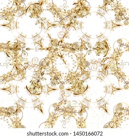 Vector pattern background wallpaper with gold antique floral medieval decorative 3d flowers, leaves, gold pattern ornaments. Royal luxury golden baroque damask vintage. Beige and white on background.
