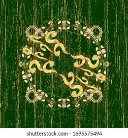 Vector pattern background wallpaper with gold antique floral medieval decorative 3d flowers, leaves, gold pattern ornaments. Yellow and blue on background. Royal luxury golden baroque damask vintage.