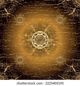 Vector pattern background wallpaper with gold antique floral flowers, leaves and gold pattern ornaments on black, brown and beige colors. Seamless royal luxury golden baroque damask vintage.