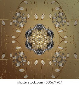 Vector pattern background wallpaper with gold antique floral medieval decorative flowers, leaves and gold pattern ornaments on beige background. Royal luxury golden baroque damask vintage.