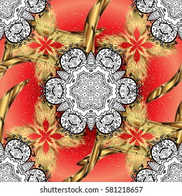 Vector pattern background wallpaper with gold antique floral medieval decorative flowers, leaves and gold pattern ornaments on red background. Royal luxury golden baroque damask vintage.