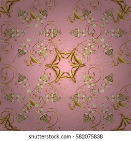 Vector pattern background wallpaper with gold antique floral medieval decorative 3d flowers, leaves and gold pattern ornaments. Pink on background. Royal luxury golden baroque damask vintage.