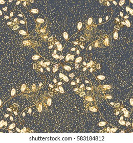 Vector pattern background wallpaper with gold antique floral medieval decorative 3d flowers, leaves and gold pattern ornaments. Gray on background. Royal luxury golden baroque damask vintage.