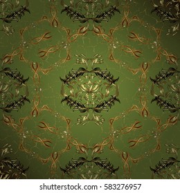 Vector pattern background wallpaper with gold antique floral medieval decorative 3d flowers, leaves and gold pattern ornaments. Green on background. Royal luxury golden baroque damask vintage.
