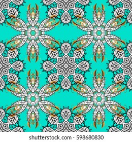 Vector pattern background wallpaper with gold antique floral medieval decorative flowers, leaves and gold pattern ornaments on blue background. Seamless royal luxury golden baroque damask vintage.