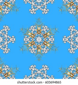 Vector pattern background wallpaper with gold antique floral medieval decorative flowers, leaves and gold pattern ornaments on blue background. Seamless royal luxury golden baroque damask vintage.