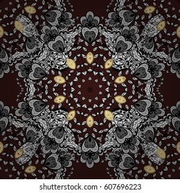 Vector pattern background wallpaper with gold antique floral medieval decorative flowers, leaves and gold pattern ornaments on brown background. Seamless royal luxury golden baroque damask vintage.