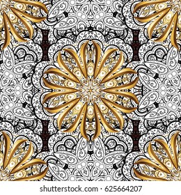 Vector pattern background wallpaper with gold antique floral medieval decorative 3d flowers, leaves and gold pattern ornaments. Brown on background. Royal luxury golden baroque damask vintage.