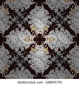Vector pattern background wallpaper with gold antique floral medieval decorative 3d flowers, leaves and gold pattern ornaments. Brown on background. Royal luxury golden baroque damask vintage.