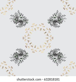 Vector pattern background wallpaper with gold antique floral medieval decorative flowers, leaves and gold pattern ornaments on gray background. Seamless royal luxury golden baroque damask vintage.