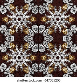 Vector pattern background wallpaper with gold antique floral medieval decorative flowers, leaves and gold pattern ornaments on brown background. Seamless royal luxury golden baroque damask vintage.