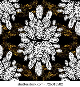 Vector pattern background wallpaper with gold antique floral decorative flowers, leaves and gold pattern ornaments on black, white and brown colors. Seamless royal luxury golden baroque damask vintage