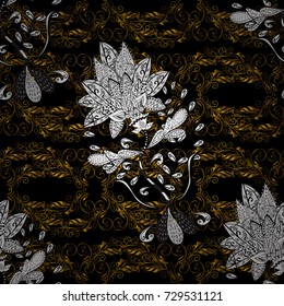 Vector pattern background wallpaper with gold antique floral decorative flowers, leaves and ornaments on black, brown and white colors. Seamless royal luxury golden baroque damask vintage