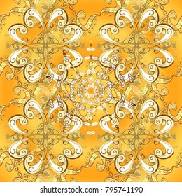 Vector pattern background wallpaper with gold antique floral medieval decorative 3d flowers, leaves and gold pattern ornaments. Yellow on background. Royal luxury golden baroque damask vintage.