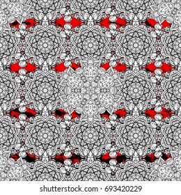 Vector pattern background wallpaper with mandala antique floral medieval decorative 3d flowers, leaves and white pattern ornaments. White on red background. Royal luxury white baroque damask vintage.