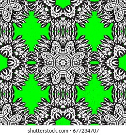 Vector pattern background wallpaper with white antique floral medieval decorative 3d flowers, leaves and white pattern ornaments. Green on background. Royal luxury white baroque damask vintage.