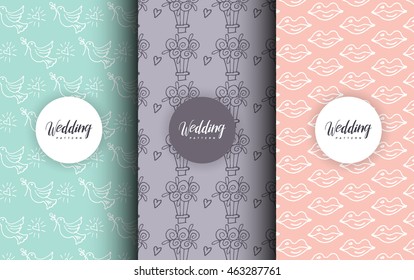 Vector pattern and background for wedding invitations and valentine postcards and banner with marriage related icons in trendy linear style.