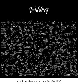 Vector pattern and background for wedding invitations and valentine s card postcards and banner with love you hand-lettering - love and marriage related icons in trendy linear style.