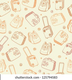 Vector pattern with bags, suitcases and backpacks on beige background