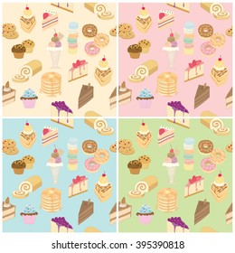Vector pattern bakery and dairy products sweet menu with blue cream pink green background colors pastel.Seamless wallpaper or wrapping paper.