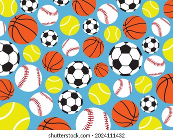 Patrón vectorial de fútbol de baloncesto, béisbol, tenis, baloncesto sobre fondo azul. Deportes individuales y en equipo EPS10.